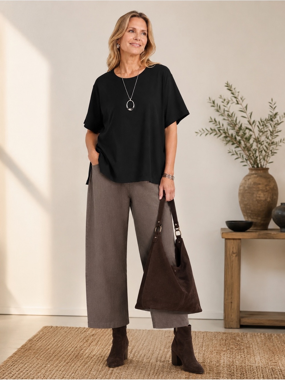 Caroline Rose Black Oversized Boxy Top Tunic Minimalist Stretch Knit 2X